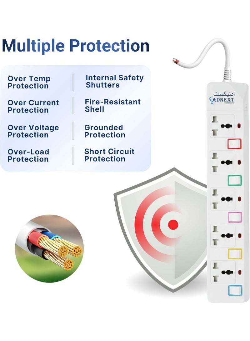 Adnext Power Socket with 5 Way Outlets and Extension Cord, 3 Meter Length, White - Image 3